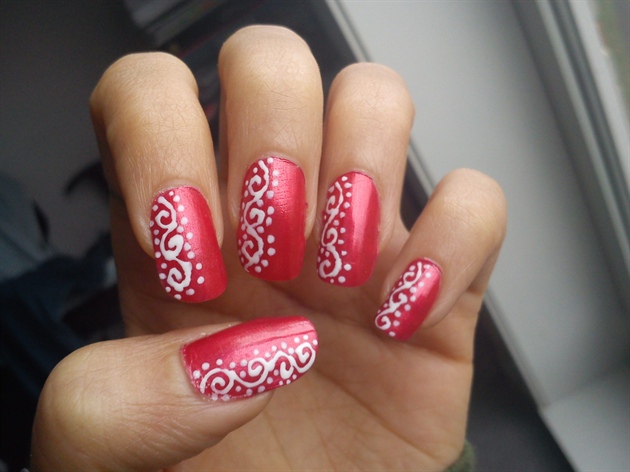 Red Nails With White Swirls Design Nail Art