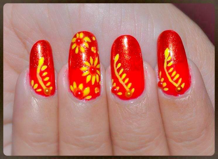 Red Nails With Yellow Flowers Design Nail Art