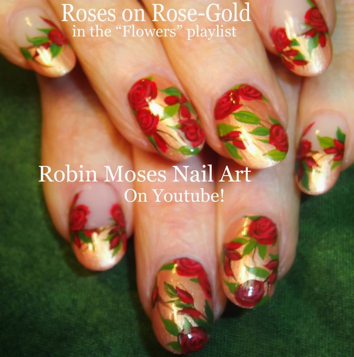 Red Roses On Gold Nails Art Design Idea