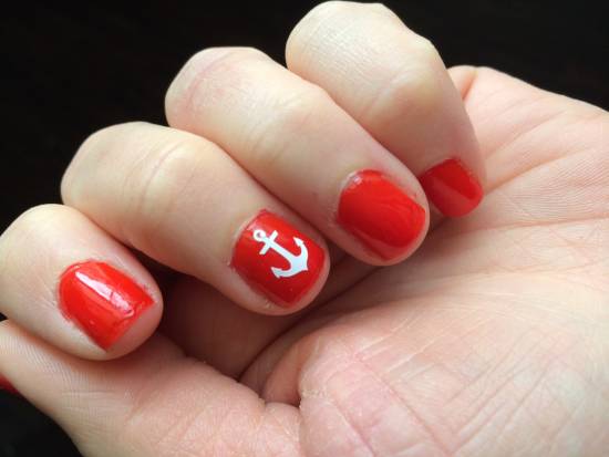 Red Short Nails With Accent White Nautical Sign Nail Art Design