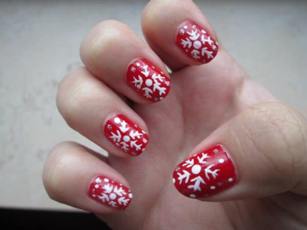 Red Short Nails With White Snowflakes Design Nail Art