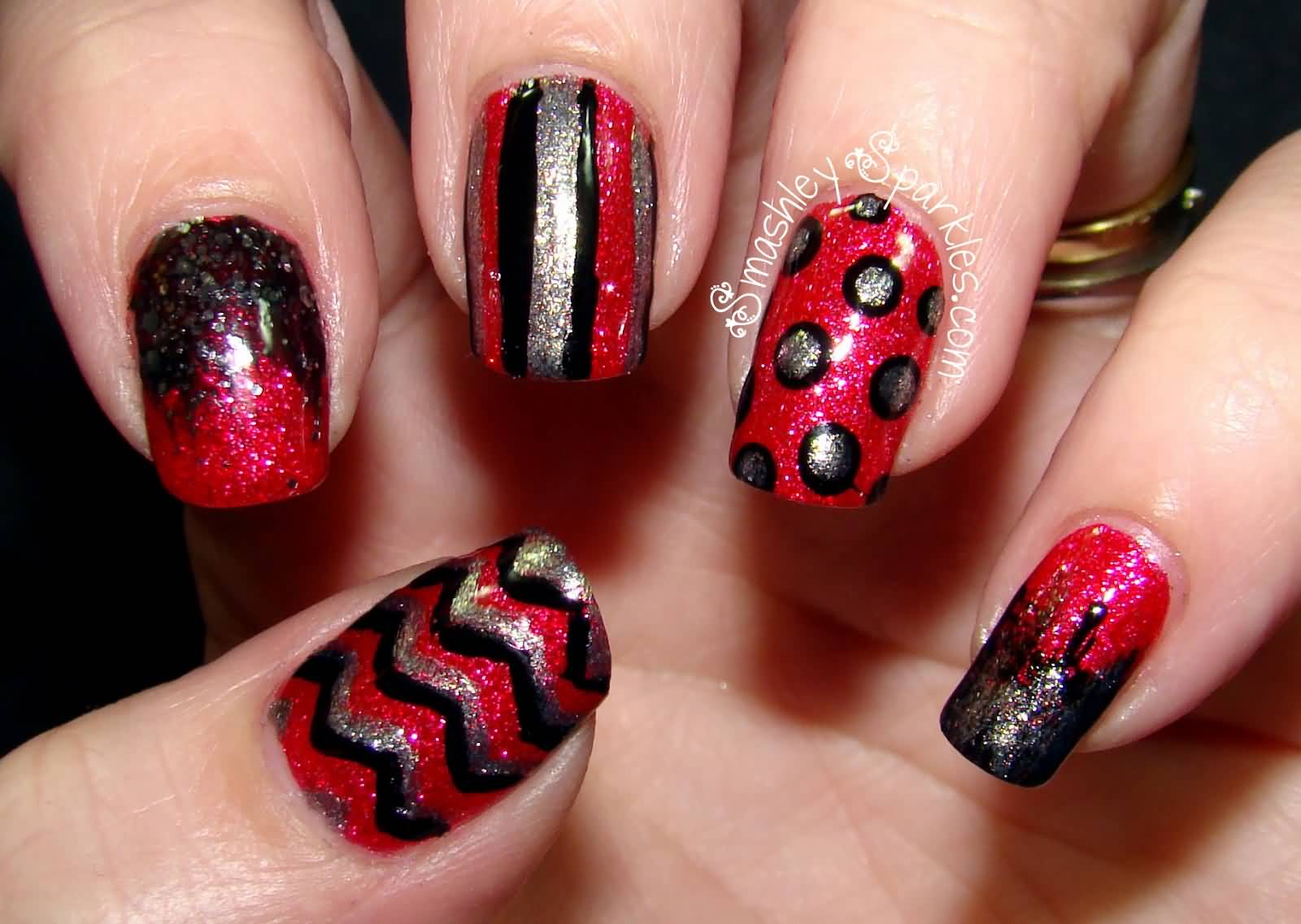 Red Silver And Black Stripes And Polka Dots Nail Art