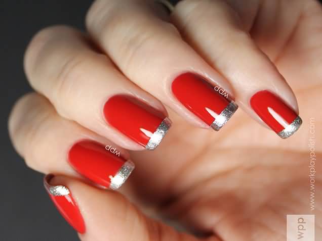 Red Simple Nails With Silver Tip Nail Art
