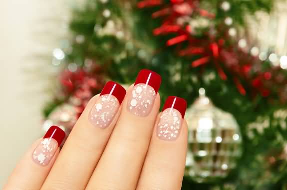 Red Tip And White Dots Snow Christmas Nail Art