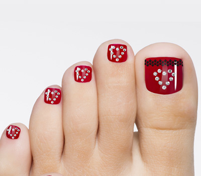 Red Toe Nails With Dots Heart Nail Art