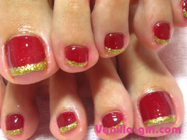 Red Toe Nails With Glitter Tip Design Idea