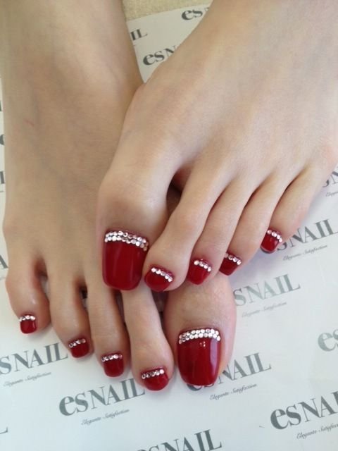 Red Toe Nails With Rhinestones Design