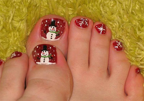 Red Toe Nails With Snowman Design Idea