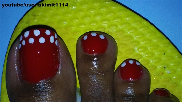 Red Toe Nails With White Dots Nail Art