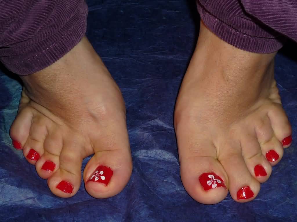 Red Toe Nails With White Flowers