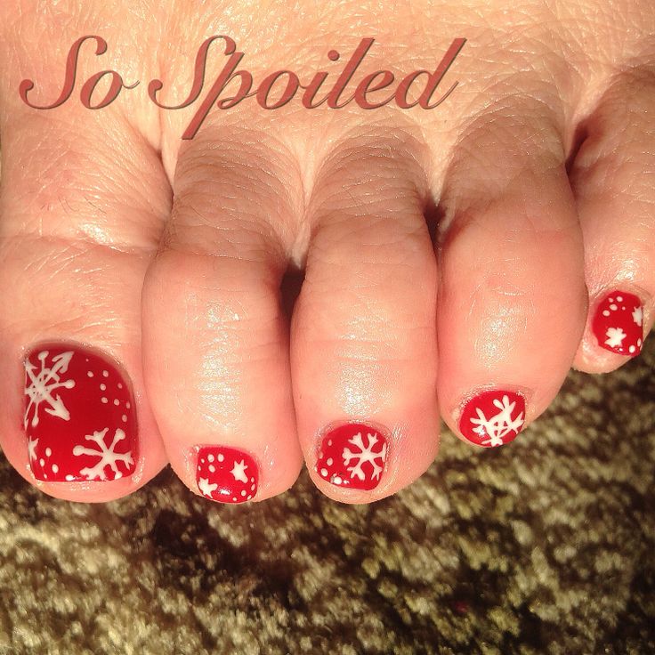 Red Toe Nails With White Snowflakes Design Christmas Nail Art