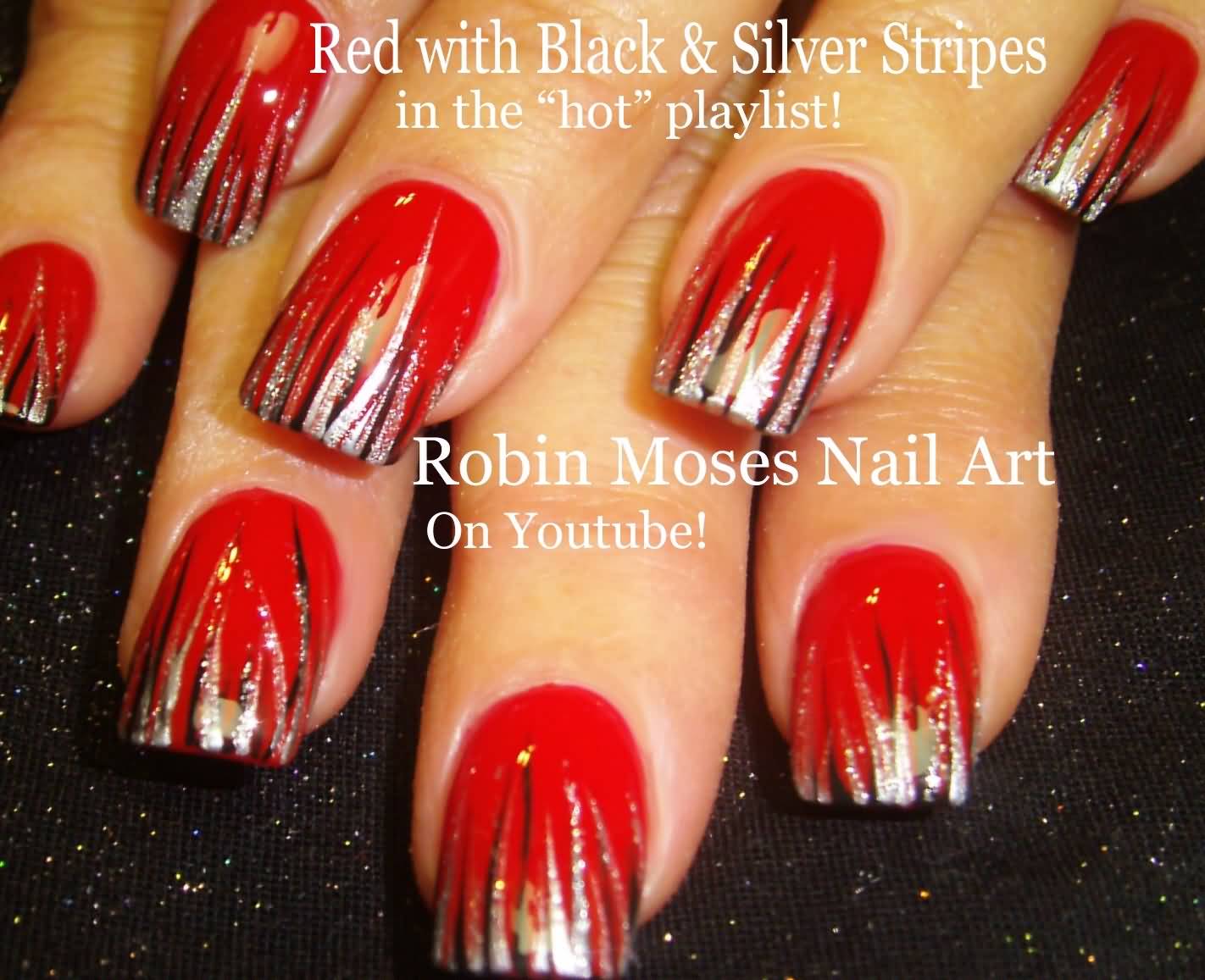 Red With Black And Silver Stripes Nail Art