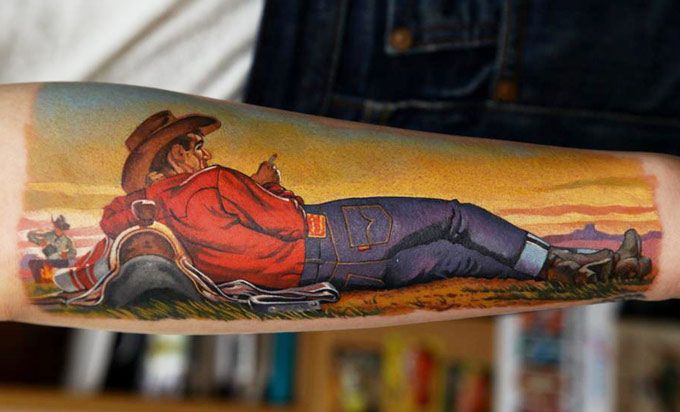 Relaxing Cowboy Colorful Western Tattoo On Arm Sleeve