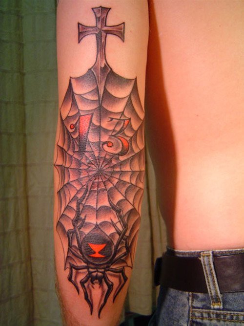 Religious Black Widow Spider Tattoo On Arm Sleeve