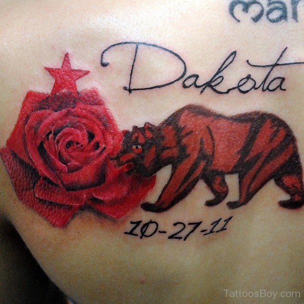 Remembrance Bear With Red Rose Tattoo