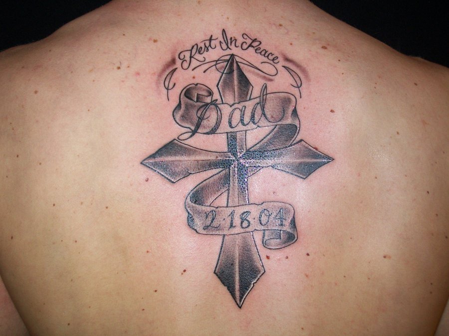 Rest In Peace Dad Remembrance Tattoo On Upper Back