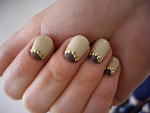 Reverse French Nail Art With Gold Caviar Beads For Short Nails