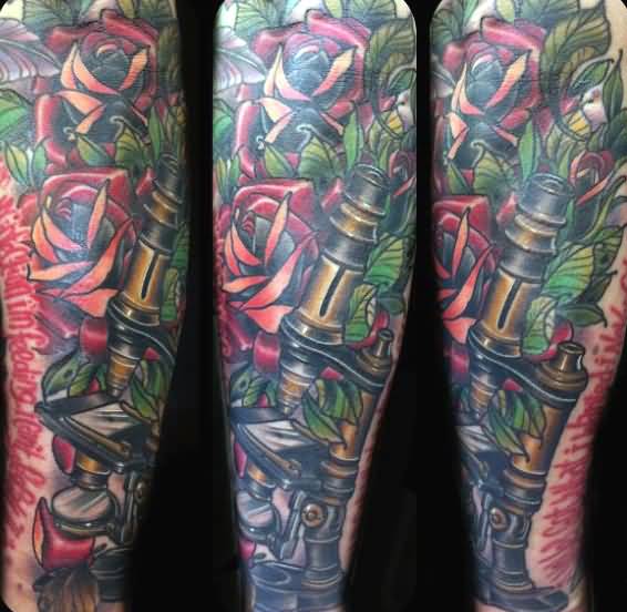 Rose And Microscope Science Tattoo On Full Sleeve