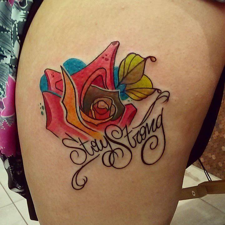 Rose Tattoo With Stay Strong Wishes Tattoo On Side Thigh by Nazo