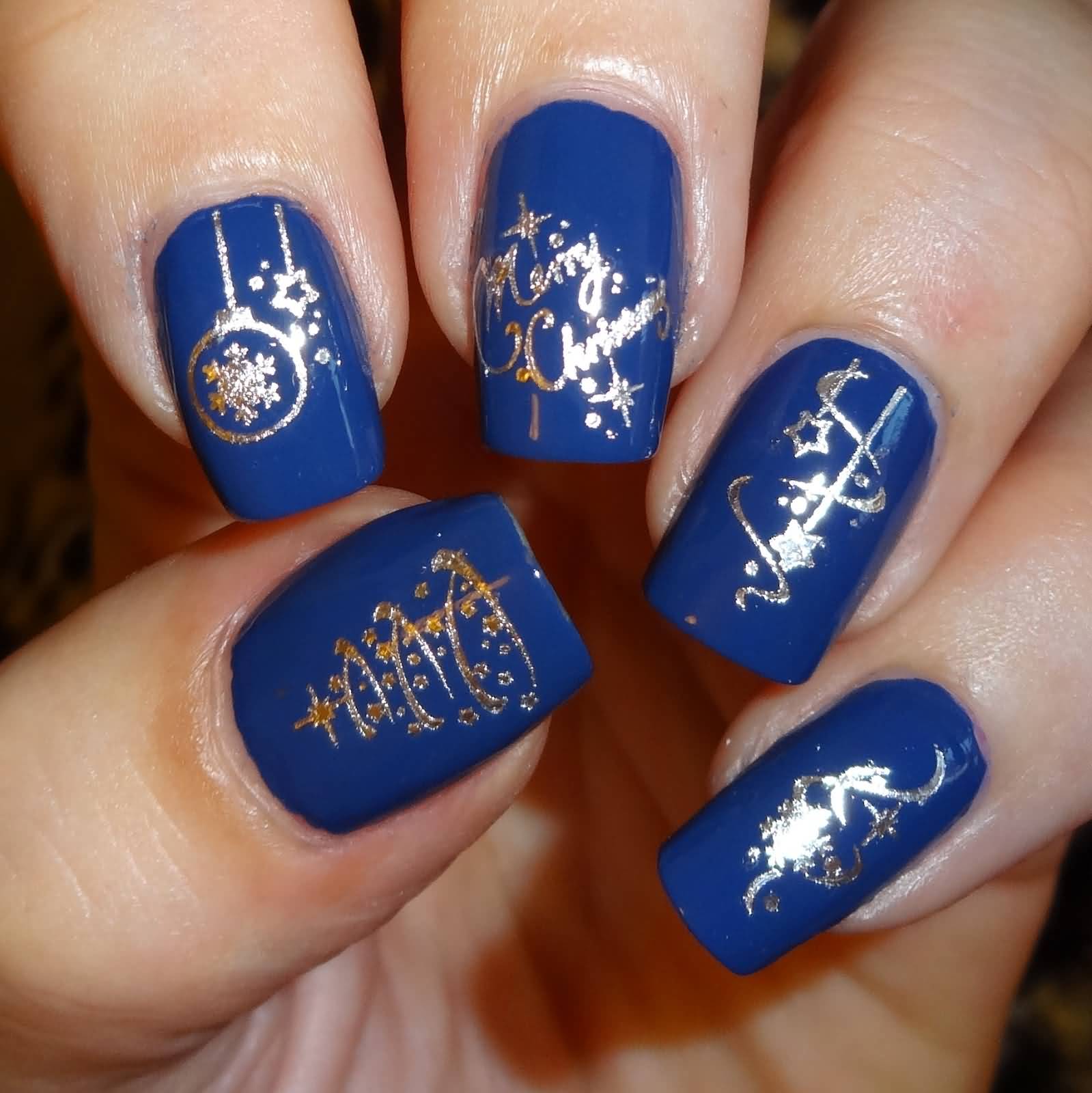 Royal Blue Nails And Silver Christmas Design Nail Art