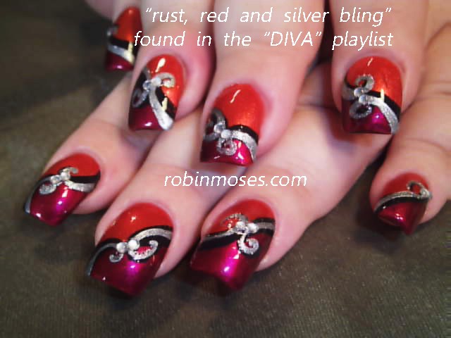 Rust Red And Silver Bling Nail Art