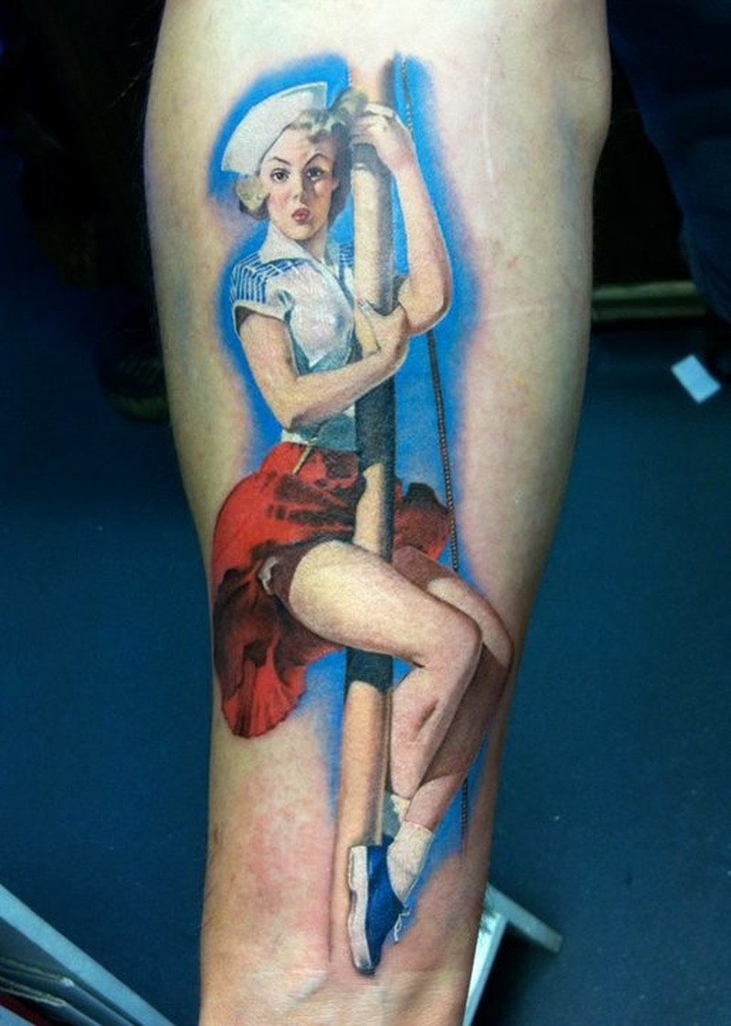 Sailor Climbs On Mast Pin Up Girl Tattoo On Sleeve By David Corden