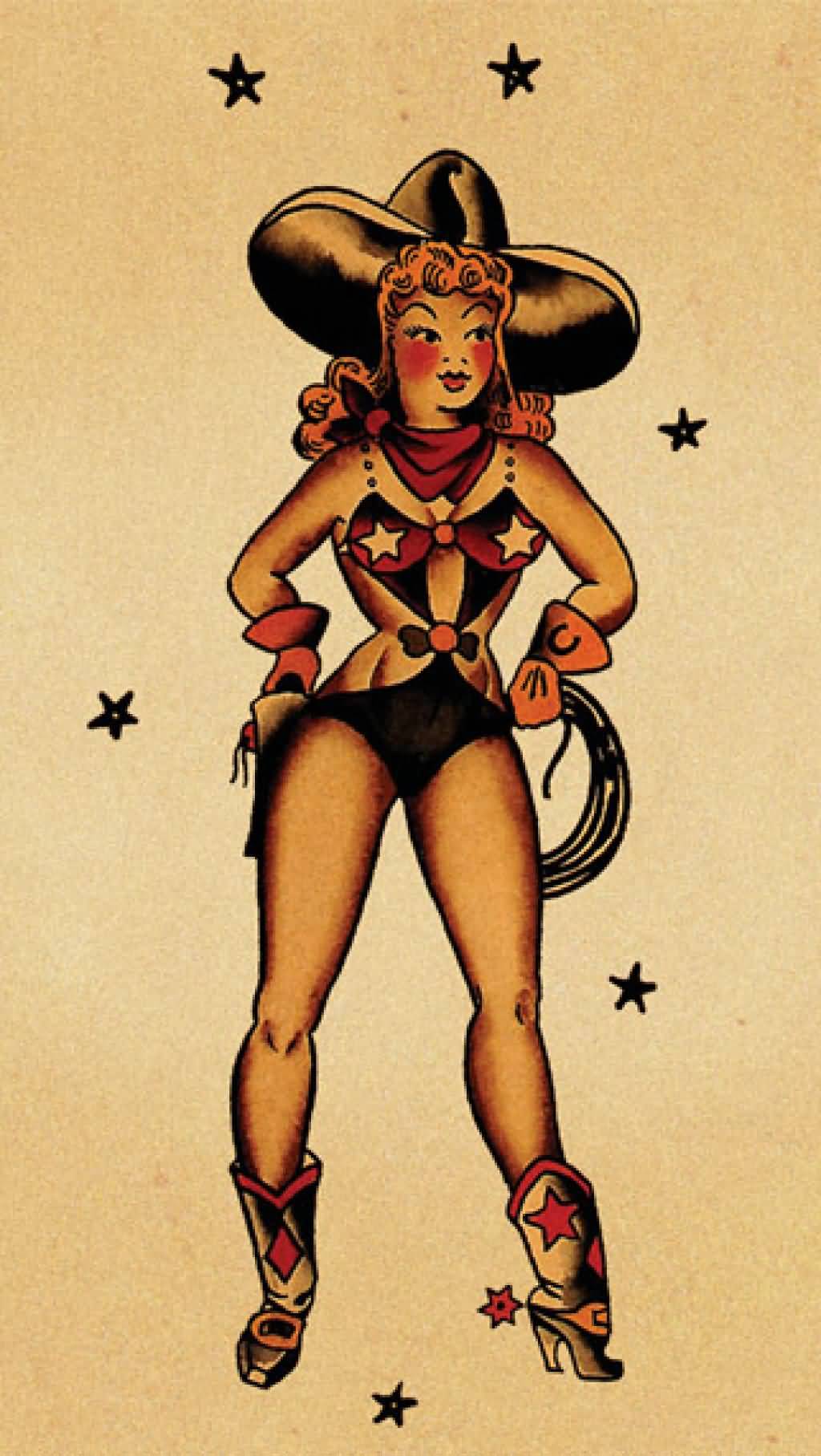 Sailor Jerry Cowgirl Pin Up Traditional Tattoo Design