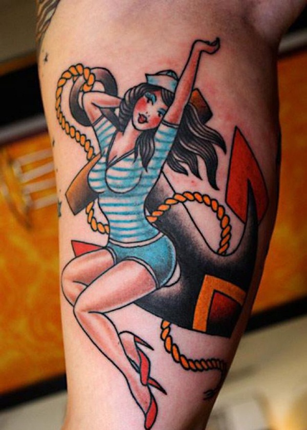 Sailor Pin Up Girl Traditional Tattoo On Forearm.