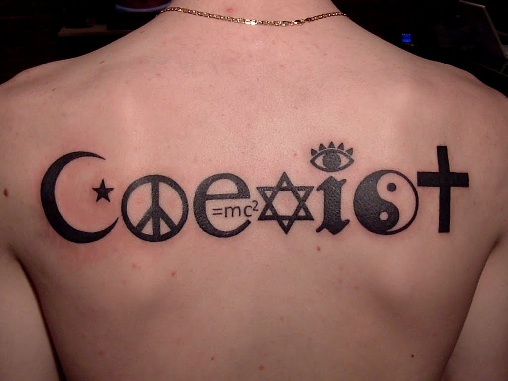 Science And Religion Coexist Quote Tattoo On Upper Back