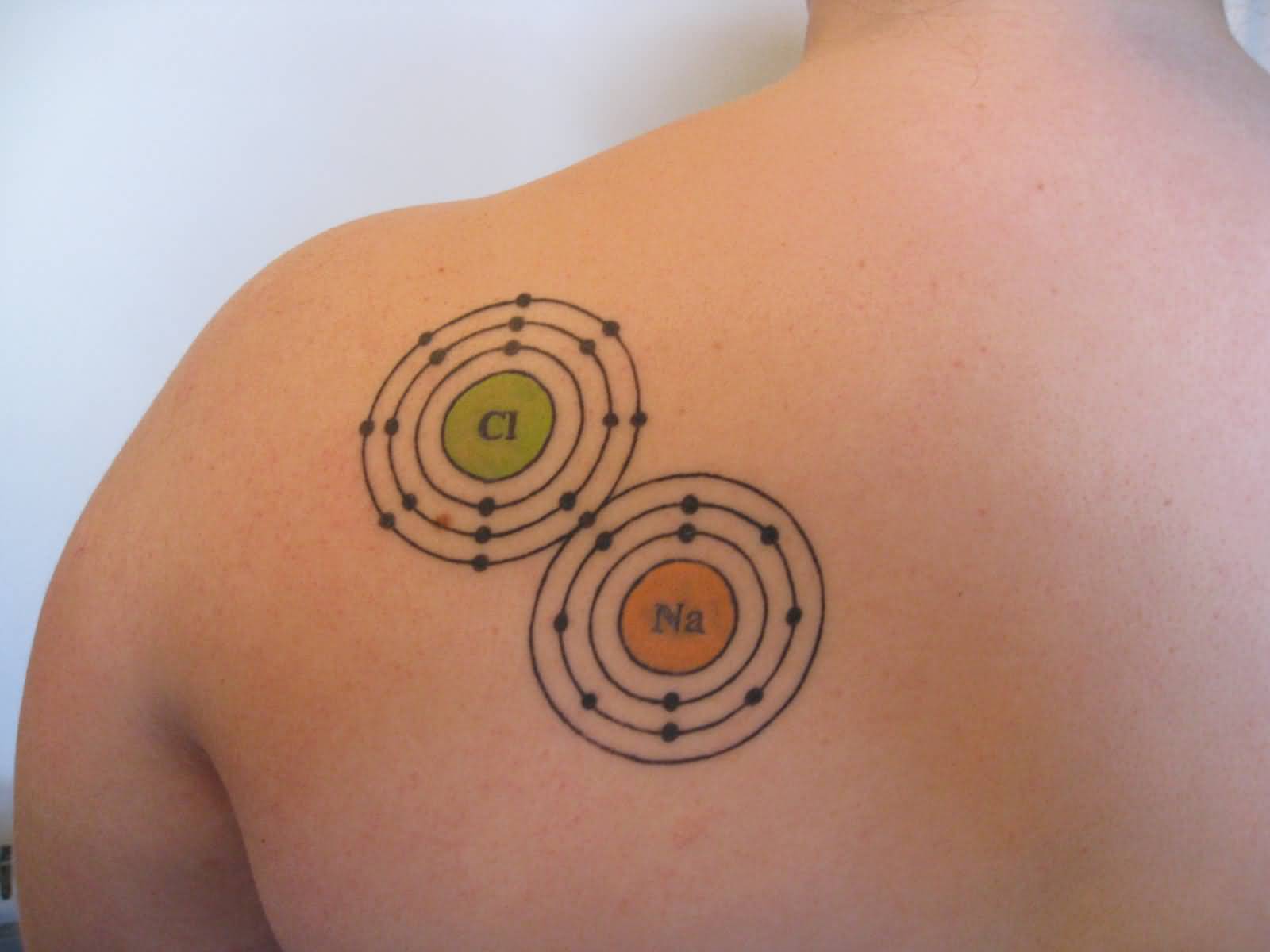 Science Circular Tattoo On Left Upper Shoulder