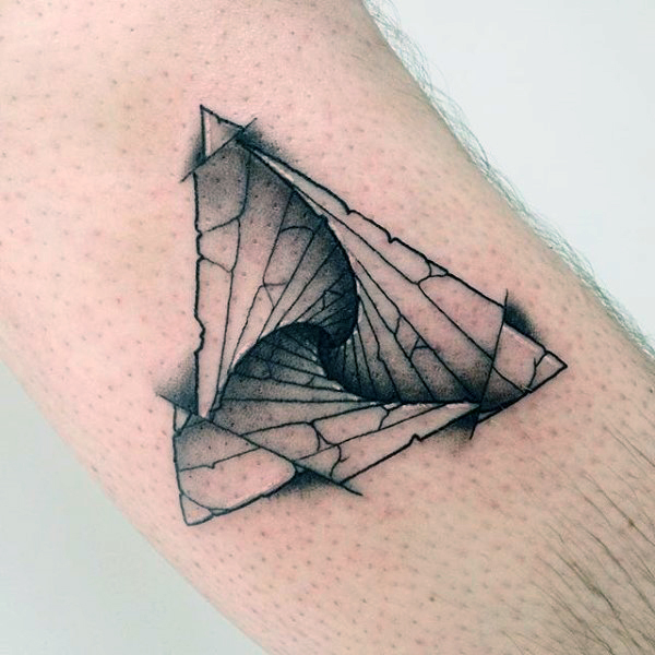 Shaded Spiral Staircase In Triangle Tattoo On Arm