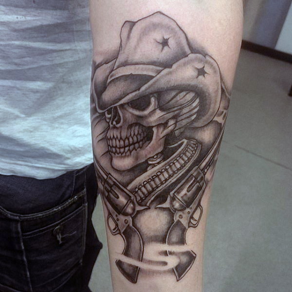 Sheriff Skeleton Western Tattoo On Arm Sleeve