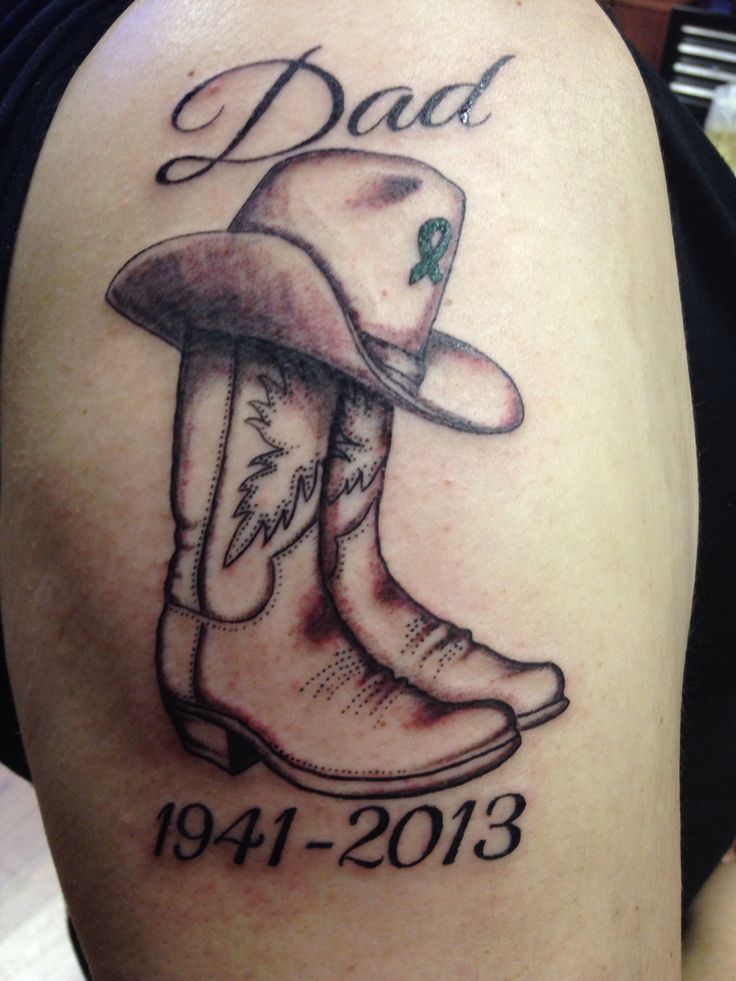 Shoes And Hat Dad Remembrance Tattoo On Right Thigh