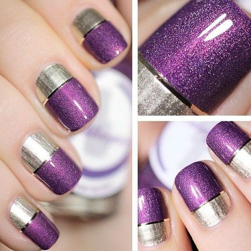 Silver And Purple Glitter Gel Short Nail Art