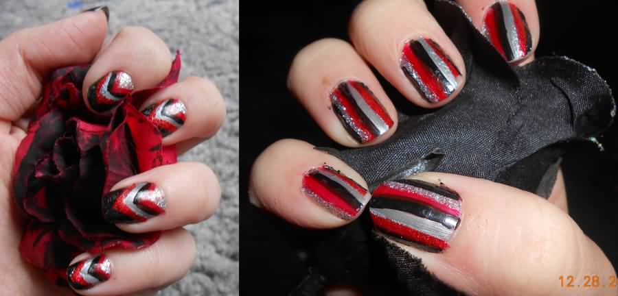 Silver Black And Red Stripes Nail Art By Agathanaomi