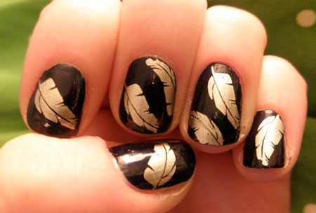 Silver Feather On Short Nails Art Design