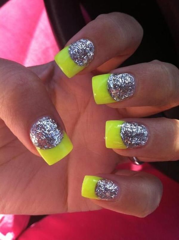 Silver Foil Nails With Neon Yellow Tip Design Nail Art