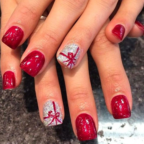 Silver Glitter Accent And Red Bow Design Christmas Nail Art