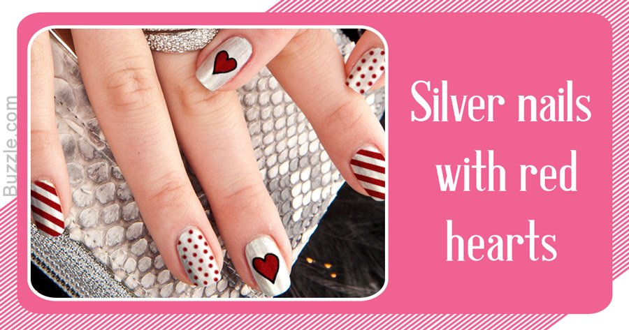 Silver Nails With Red Hearts Nail Art Design