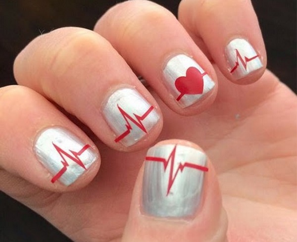 Silver Short Nails With Red Heart Beat Nail Art Design