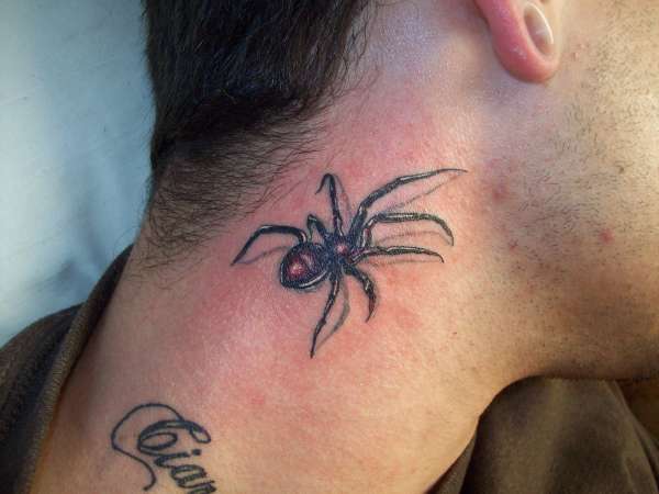 Simple Black Widow Spider Tattoo On Side Neck