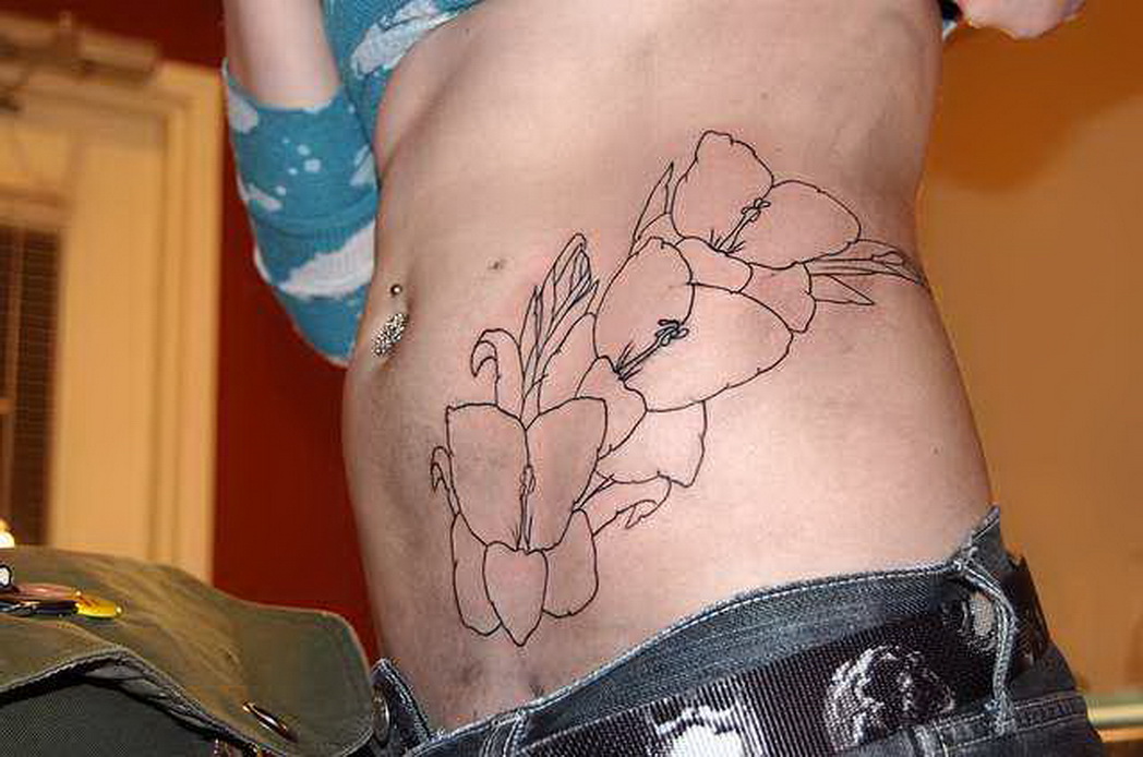 Simple Gladiolus Flowers Tattoo On Hip For Girls