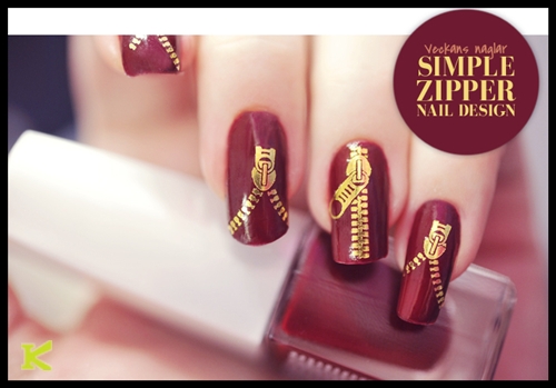 Simple Red And Gold Zipper Nail Design