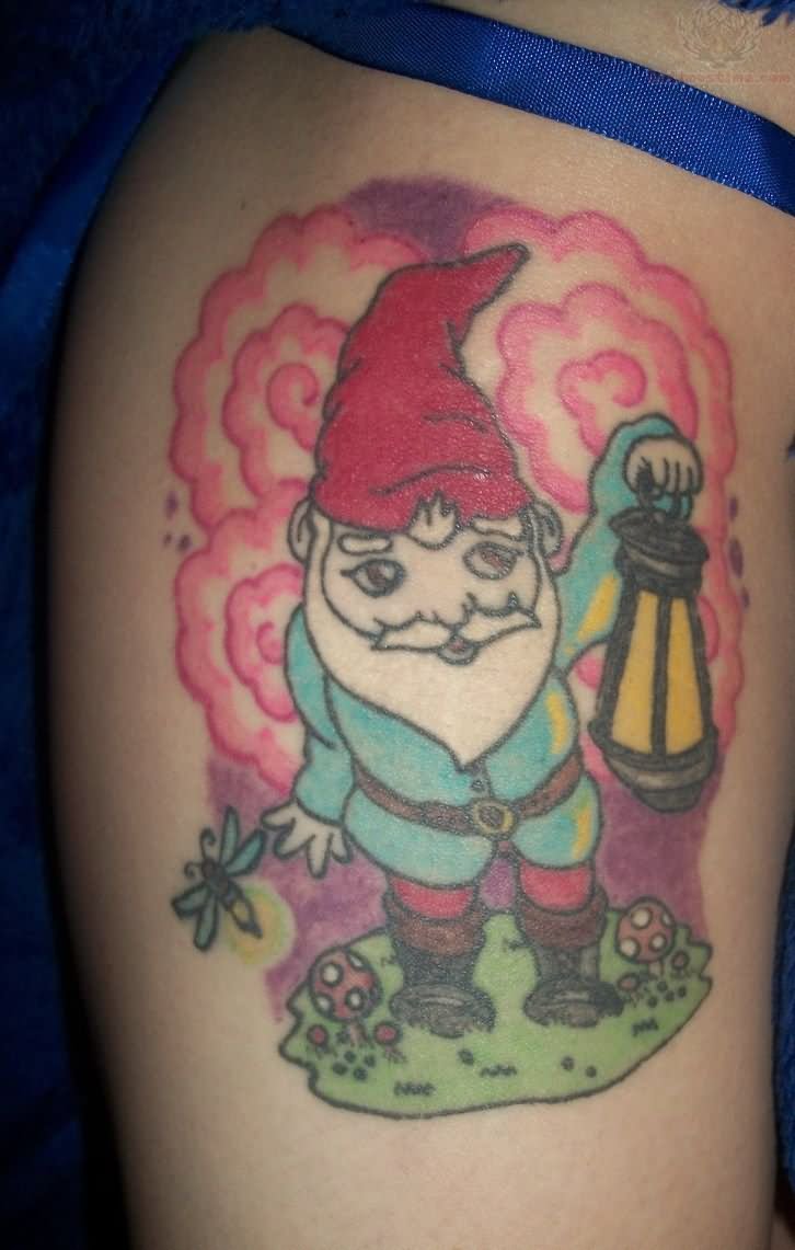 Simple Spectacular Gnome Holding Lantern Tattoo On Thigh