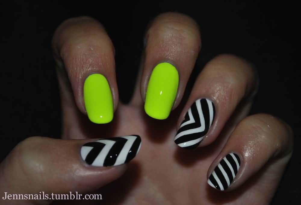 Simple Yellow Neon Nails With Black And White Stripes Design Nail Art Idea