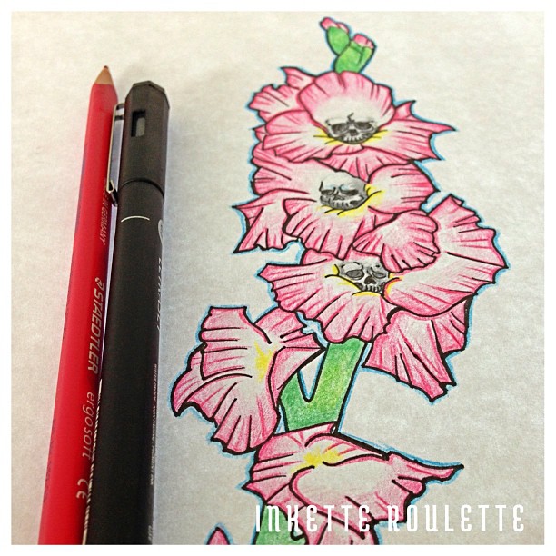 Skull Gladiolus Flowers Tattoo Sketch