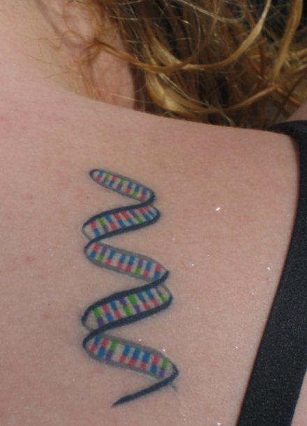 Small Colored Science Tattoo On Right Back Shoulder For Girls