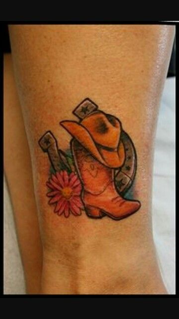 Small Cowboy Hat And HorseShoe Western Tattoo On Ankle