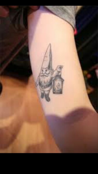 Small Grey Spectacular Gnome Tattoo On Biceps
