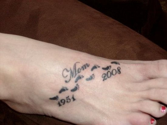 Small Mom Remembrance Tattoo On Foot For Girls